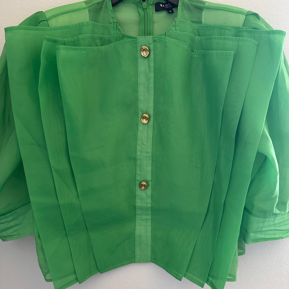 BEAULAH Green Sheer Blouse with Gold Buttons